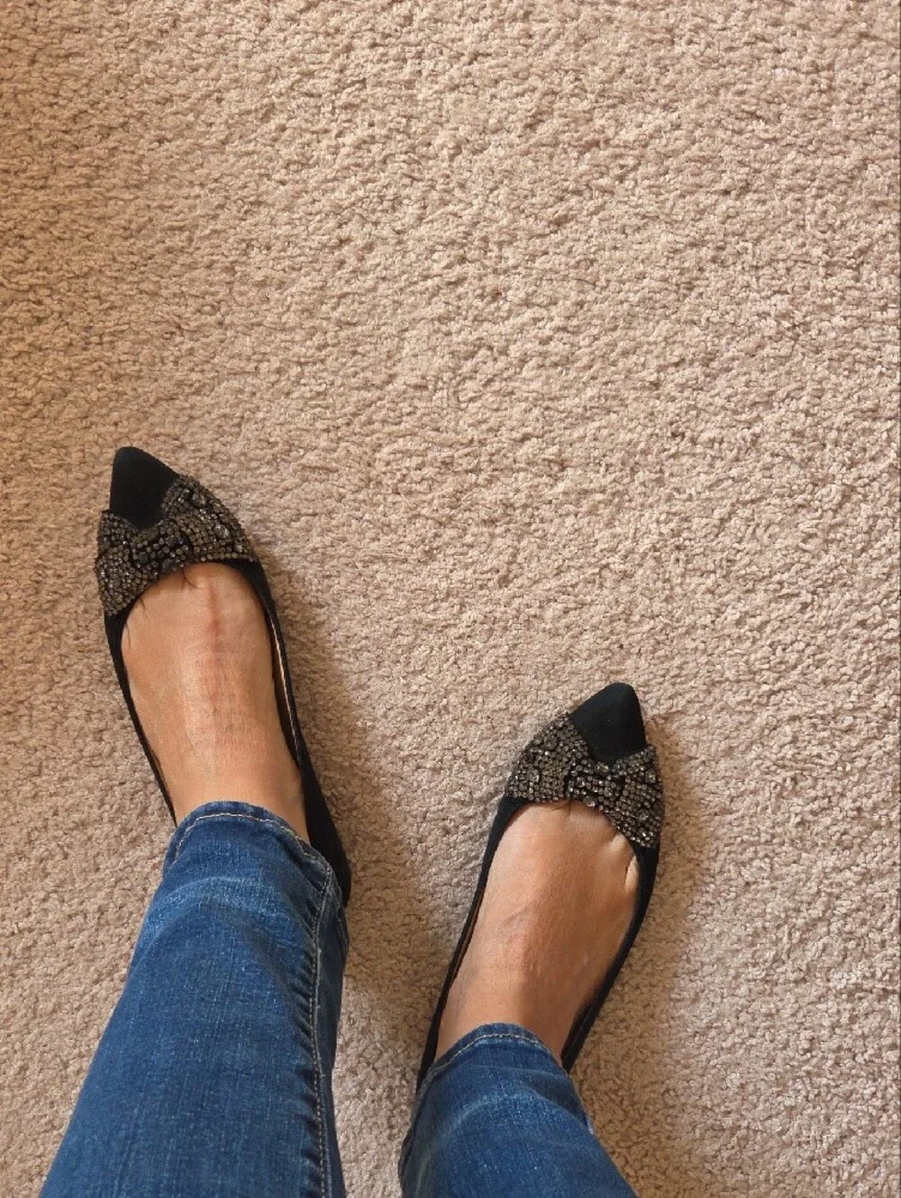 Tory Burch Black Pointed Toe Crystal Bow Flats